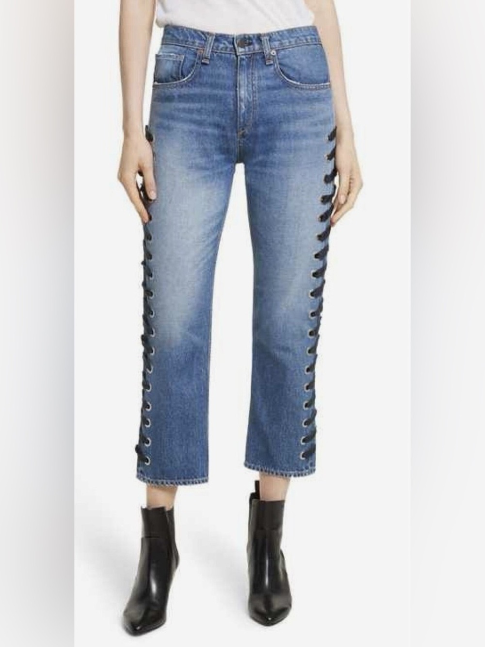 Veronica Beard Ines 10.75” Girlfriend Jean Lace-Up Denim Mid-Rise Ankle Crop